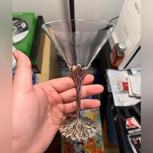 Grey Goose Vodka 1 Martini Glasses Pewter Stems Twisted Leaf Feather 6.5" - Nice